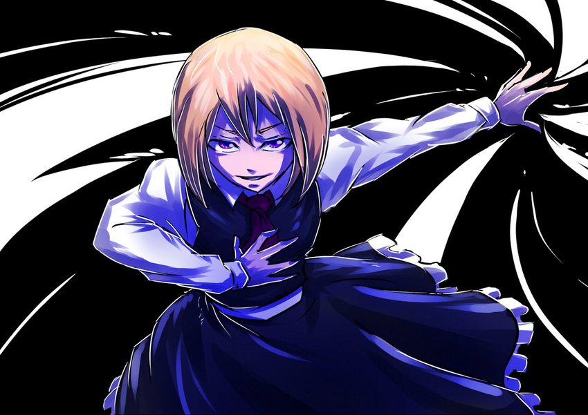 blonde_hair blouse darkness ex-rumia frilled_skirt frills hand_on_own_chest horaemon03 looking_at_viewer magic red_eyes rumia short_hair simple_background skirt smile solo touhou vest white_background