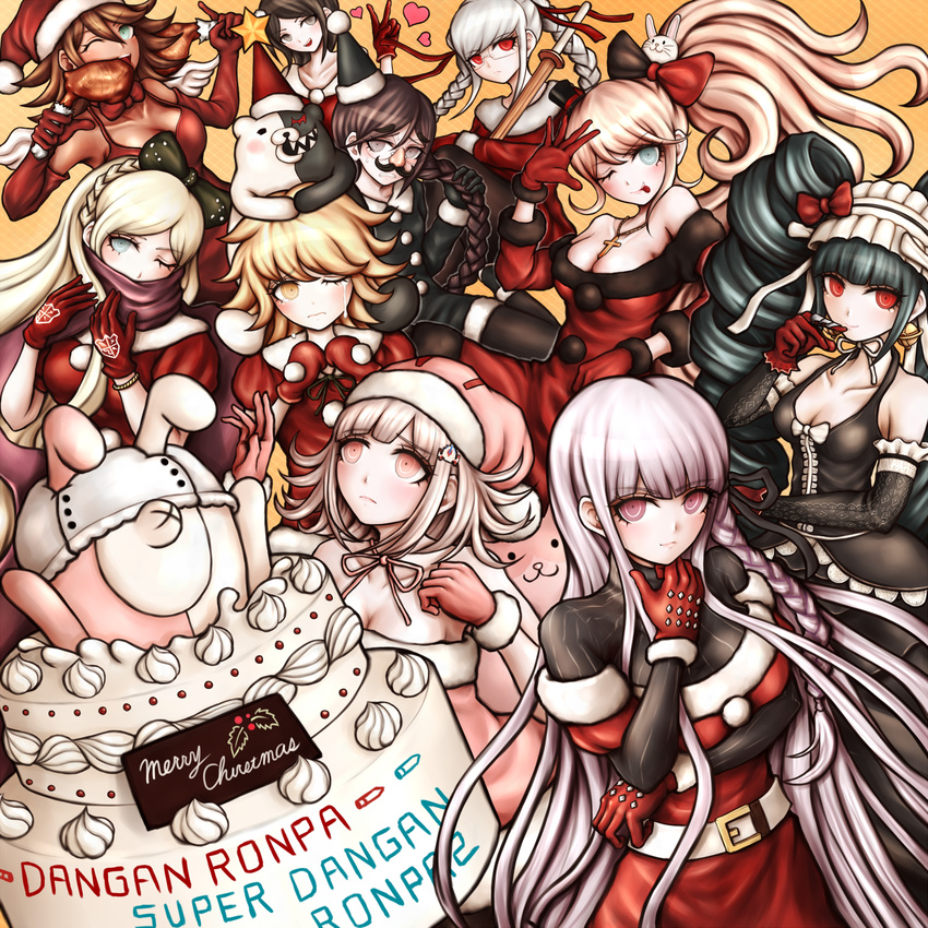 6+girls black_hair blonde_hair blue_eyes bow braid brown_eyes brown_hair cake celestia_ludenberck christmas danganronpa danganronpa_1 drill_hair enoshima_junko food french_braid fujisaki_chihiro fukawa_touko glasses hair_bow hairband hat highres ikusaba_mukuro kirigiri_kyouko komatsuzaki_rui_(style) lolita_hairband monokuma monomi_(danganronpa) multiple_girls nanami_chiaki official_style one_eye_closed otoko_no_ko owari_akane oyume pekoyama_peko ponytail purple_eyes purple_hair red_eyes santa_costume santa_hat scarf scarf_over_mouth silver_hair smile sonia_nevermind super_danganronpa_2 twin_braids twin_drills twintails