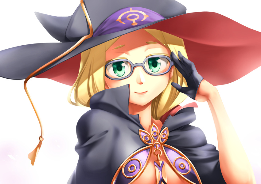 adjusting_eyewear black_gloves blonde_hair blue_eyes cloak glasses gloves green_eyes half_gloves hat highres kore_(korewa13th) long_hair natasha_(sekai_seifuku) no_mask professor_um sekai_seifuku:_bouryaku_no_zvezda smile solo underwear upper_body white_background