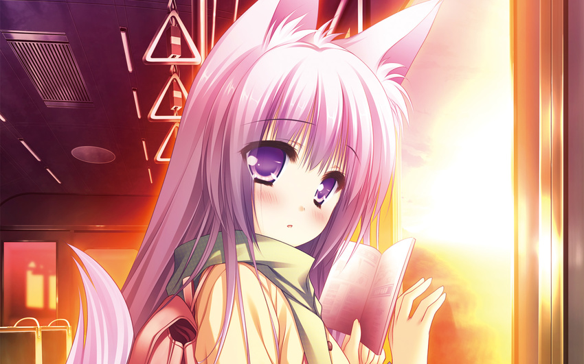 :o animal_ears backpack bag book character_request copyright_request fox_ears fox_tail handle highres lavender_hair looking_at_viewer moekibara_fumitake purple_eyes scarf solo tail train_interior