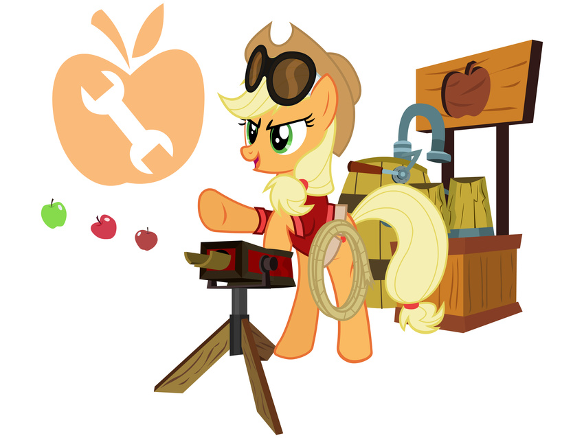 apple applejack_(mlp) clothing cowboy_hat cutie_mark engineer_(team_fortress_2) equine female feral friendship_is_magic fruit hat hi_res hobofortress horse mammal my_little_pony plain_background pony ranged_weapon team_fortress_2 weapon white_background