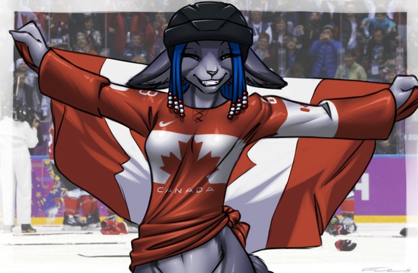 blue_hair bottomless canada canadian_flag canine cat feline female fox furball furball_(character) hair helmet heterochromia hockey hybrid ice mammal midriff nike smile sochi_2014_olympics team_canada