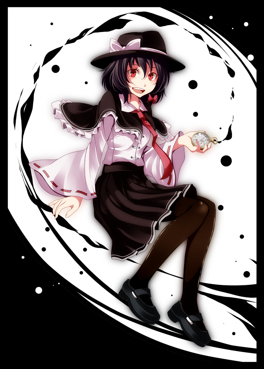 bad_id bad_pixiv_id black_hair hat highres mary_janes pantyhose red_eyes s-syogo shoes short_hair solo touhou usami_renko