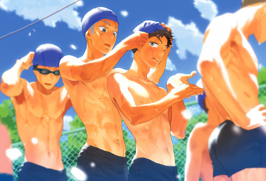 abe_takaya abs adam's_apple ass blue_sky brown_eyes brown_hair buzz_cut chain-link_fence cloud da_kata day dripping fence goggles grey_hair hanai_azusa hand_on_hip height_difference light_particles male_focus male_swimwear multiple_boys muscle navel nipples one_eye_closed ookiku_furikabutte open_mouth putting_on_headwear realistic shirtless sky soft_focus sunlight swim_briefs swim_cap swimwear tan tanline tongue tree wet wince