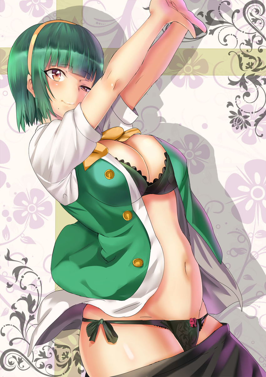 black_bra black_panties bow bow_panties bra green_hair highres idolmaster idolmaster_(classic) mole mole_under_mouth noririn open_clothes open_shirt otonashi_kotori panties shirt short_hair side-tie_panties skirt skirt_pull solo underwear yellow_eyes