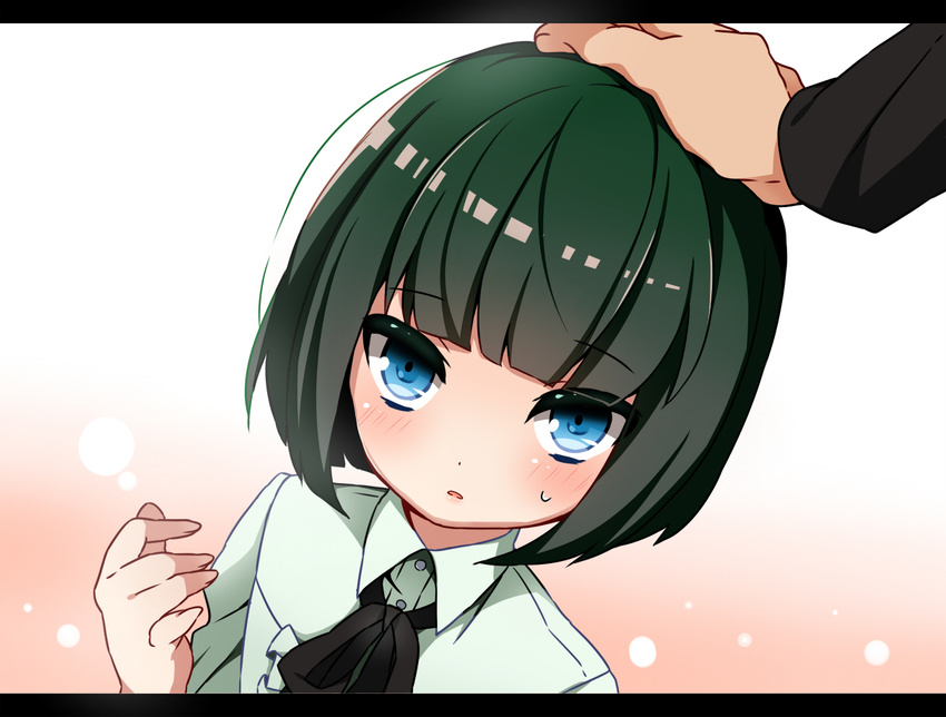 blue_eyes blush bob_cut green_hair hand_on_another's_head idolmaster idolmaster_side-m kagura_rei looking_at_viewer male_focus mimoza open_mouth sakiyo_cake short_hair sweatdrop