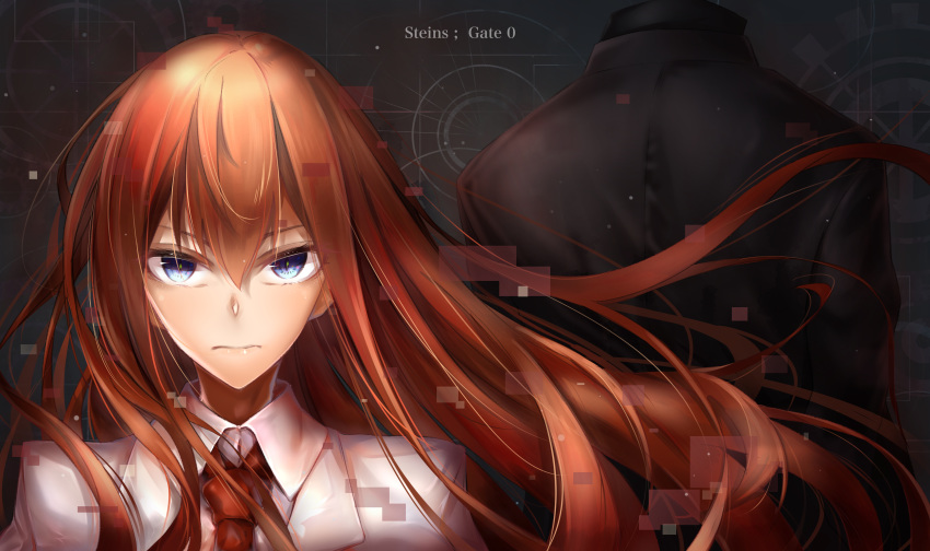 1girl absurdres blue_eyes brown_hair copyright_name floating_hair hair_between_eyes highres labcoat long_hair looking_at_viewer makise_kurisu necktie portrait red_neckwear steins;gate steins;gate_0 very_long_hair yakku