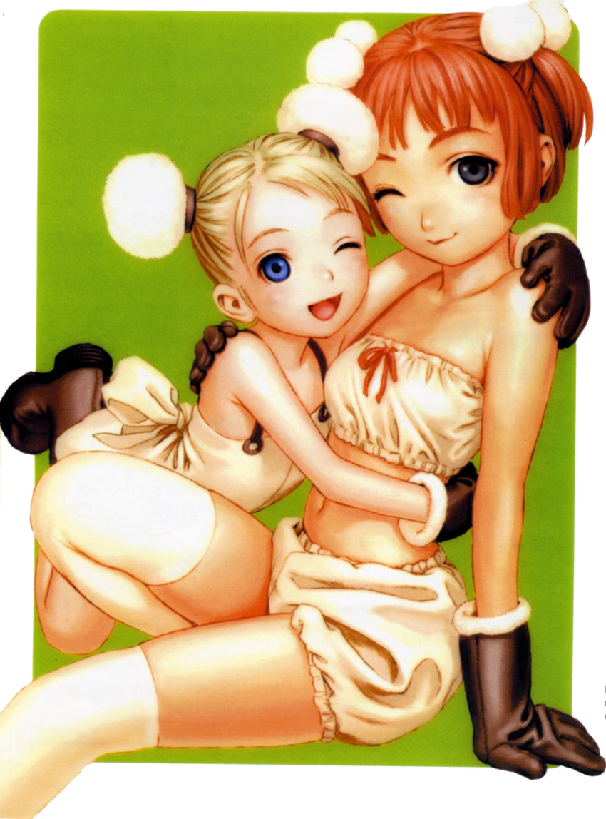 absurdres alvis_hamilton arm_support bandeau bare_shoulders black_eyes bloomers blue_eyes bob_cut boots bun_cover double_bun dress gloves hair_ornament highres hug last_exile lavie_head lingerie looking_at_viewer midriff multiple_girls murata_renji navel official_art one_eye_closed open_mouth red_hair short_hair skindentation smile strapless thighhighs tubetop underwear white_legwear