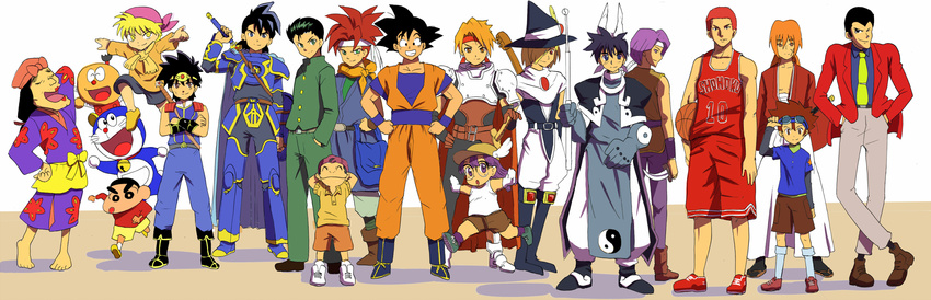 90s ^_^ annotated armor arsene_lupin_iii arus_(dragon_quest) bad_id bad_pixiv_id bag basketball basketball_uniform belt black_hair blonde_hair blue_eyes brown_eyes brown_hair chrono_trigger cless_alvein closed_eyes clothes_writing crayon_shin-chan crono crossdressing crossed_arms crossover dagger dai_(dragon_quest) digimon doraemon doraemon_(character) dr._slump dragon_ball dragon_quest dragon_quest_dai_no_daibouken dragon_quest_emblem_of_roto from_behind fuusuke_(ninku) glasses gloves goggles green_eyes green_hair hairband hamel hands_in_pockets hat hawkeye highres himura_kenshin houshin_engi hyakuen_raitaa jacket kiteretsu_daihyakka korosuke lipstick long_image lupin_iii mahoujin_guruguru makeup male_focus multiple_boys multiple_crossover necktie nike_(mahoujin_guruguru) ninku nohara_shinnosuke norimaki_arale one_eye_closed orange_eyes orange_hair rakudai_ninja_rantarou red_eyes red_hair red_jacket rurouni_kenshin sakuragi_hanamichi scar seiken_densetsu seiken_densetsu_3 shadow sideburns slam_dunk son_gokuu sportswear sword taikoubou tales_of_(series) tales_of_phantasia urameshi_yuusuke violinist_of_hameln weapon wide_image witch_hat yagami_taichi yamada_denzou yellow_eyes yellow_neckwear yin_yang yuu_yuu_hakusho