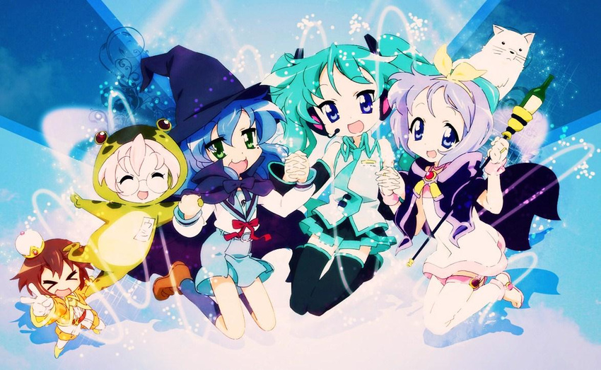 &gt;_&lt; animal_costume blue_eyes blue_hair bottle brown_hair cherry_(lucky_star) closed_eyes cosplay frog frog_costume glasses green_hair hat hatsune_miku hatsune_miku_(cosplay) headphones hiiragi_kagami hiiragi_tsukasa holding_hands izumi_konata jpeg_artifacts jumping kita_high_school_uniform kusakabe_misao long_hair lucky_star magical_girl microphone mole mole_under_eye multiple_girls nagato_yuki nagato_yuki_(cosplay) non-web_source purple_hair school_uniform serafuku short_hair suzumiya_haruhi_no_yuuutsu takara_miyuki twintails v vocaloid wand witch witch_hat