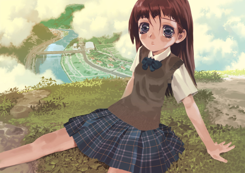 bad_id bad_pixiv_id blue_eyes brown_hair cityscape cloud copyright_request grass highres hill okayu_(crosspoint) river scenery school_uniform sitting solo