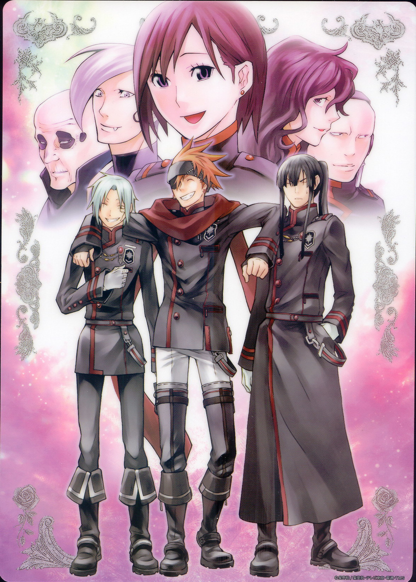 6+boys allen_walker artist_request arystar_krory black_hair bookman boots d.gray-man everyone eyepatch highres kanda_yuu lavi lenalee_lee male_focus miranda_lotto multiple_boys noise_marie official_art orange_hair scan short_hair silver_hair uniform white_hair