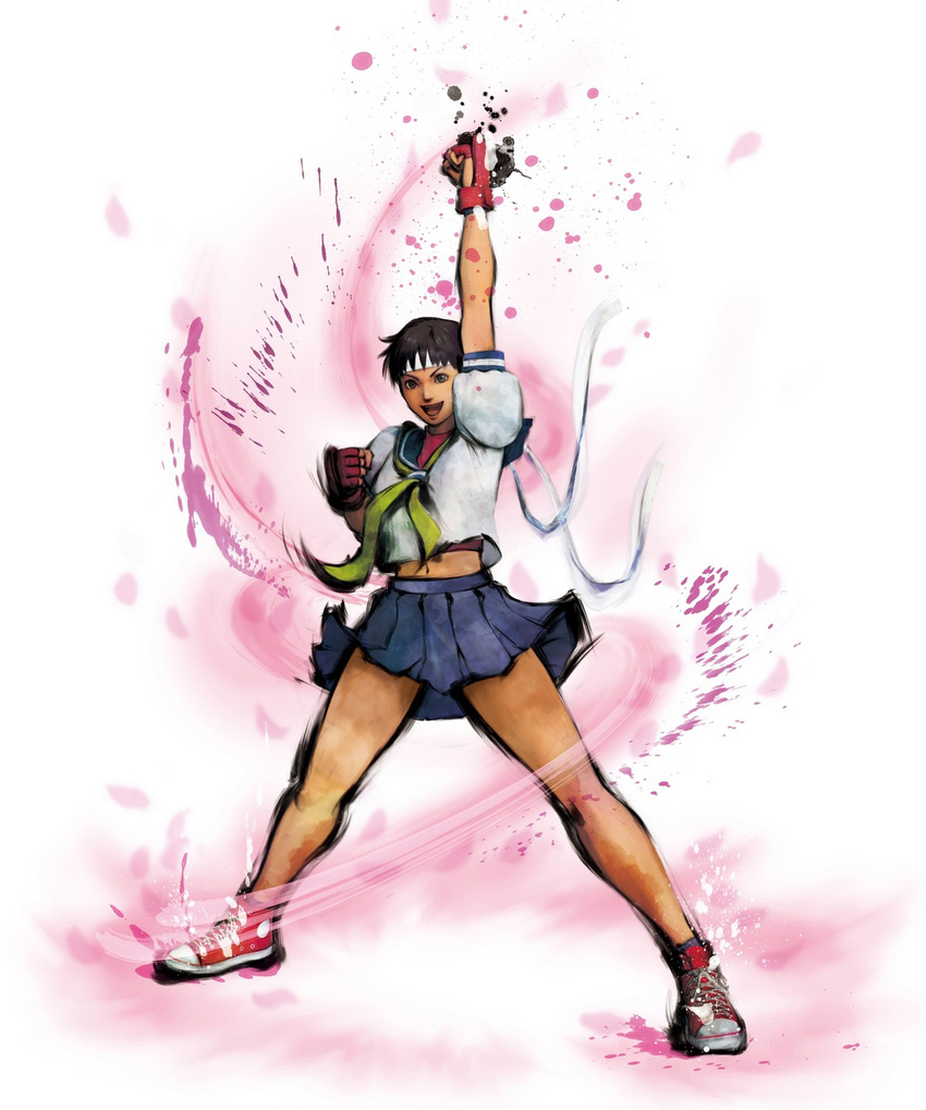 black_hair blue_sailor_collar fingerless_gloves gloves headband highres ikeno_daigo kasugano_sakura sailor_collar school_uniform serafuku short_hair solo street_fighter street_fighter_iv_(series)