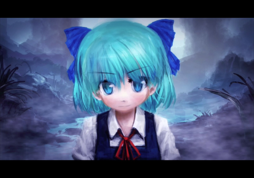 bad_id bad_pixiv_id blue_eyes blue_hair cirno hair_ribbon letterboxed lm7_(op-center) ribbon short_hair solo touhou