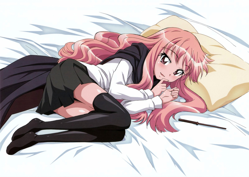 black_legwear cape fujii_masahiro highres long_hair long_legs louise_francoise_le_blanc_de_la_valliere lying official_art pillow solo thighhighs wand zero_no_tsukaima zettai_ryouiki