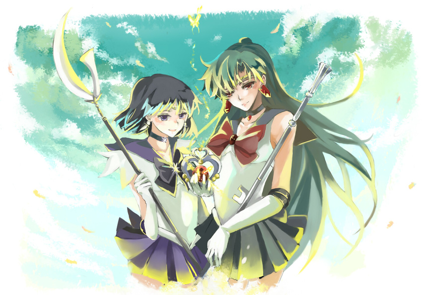 back_bow bad_id bad_pixiv_id bishoujo_senshi_sailor_moon black_bow black_choker bob_cut bow choker earrings elbow_gloves garnet_rod gloves glowing green_hair hair_bun holding holding_spear holding_weapon jewelry long_hair magical_girl meiou_setsuna multiple_girls nako_(nonrain) outer_senshi polearm purple_hair purple_sailor_collar purple_skirt red_bow rod sailor_collar sailor_pluto sailor_saturn sailor_senshi sailor_senshi_uniform silence_glaive skirt spear staff star star_choker tomoe_hotaru very_long_hair weapon white_gloves