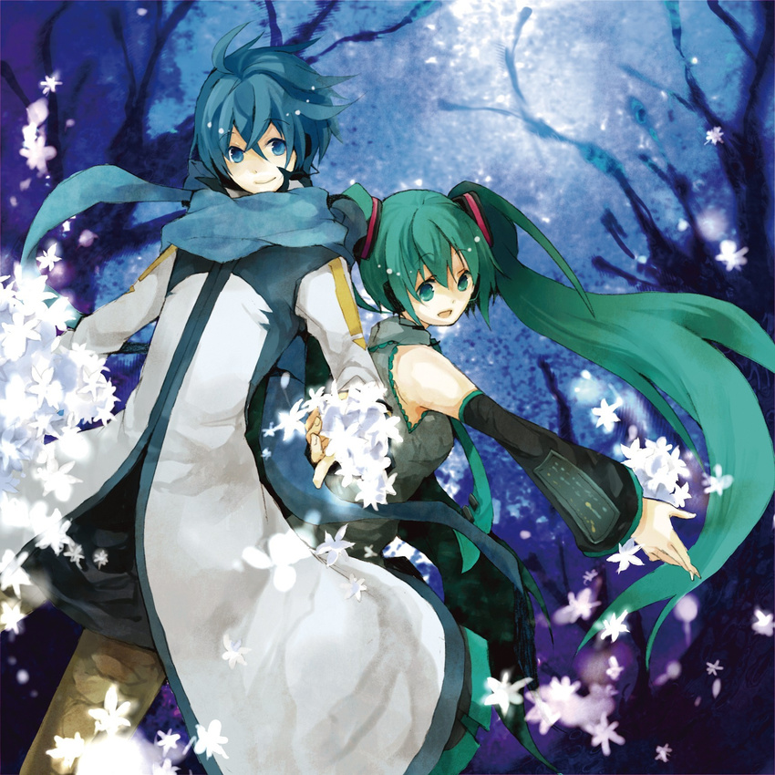 1girl ahoge blue_eyes blue_hair blue_scarf couple detached_sleeves flower green_eyes green_hair hatsune_miku hetero highres kaito long_hair necktie sabutarou scarf shirt short_hair skirt sleeveless sleeveless_shirt smile twintails very_long_hair vocaloid