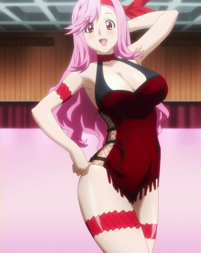 1girl arm_behind_head arm_strap arm_up armpits bare_shoulders blush breasts celia_ootsuka cleavage collarbone curvy fang female fishnets genderswap halterneck hand_on_hip hand_on_hips headband highres hips indoors large_breasts long_hair looking_at_viewer maken-ki! open_mouth pink_hair pose red_eyes screencap shiny shiny_skin smile solo standing stitched thigh_strap thighs wall