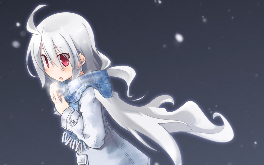 :o ahoge blush breath fuka_(mizno_fuka) jacket long_hair long_sleeves red_eyes scarf silver_hair snow solo suguri suguri_(character) very_long_hair