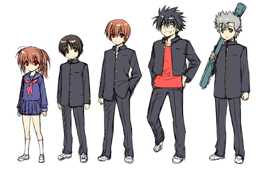 4boys black_hair brown_eyes brown_hair gakuran height_difference inohara_masato lineup little_busters! miyazawa_kengo multiple_boys naoe_riki natsume_kyousuke natsume_rin ponytail red_eyes school_uniform serafuku short_hair silver_hair sketch weapon_bag younger zen