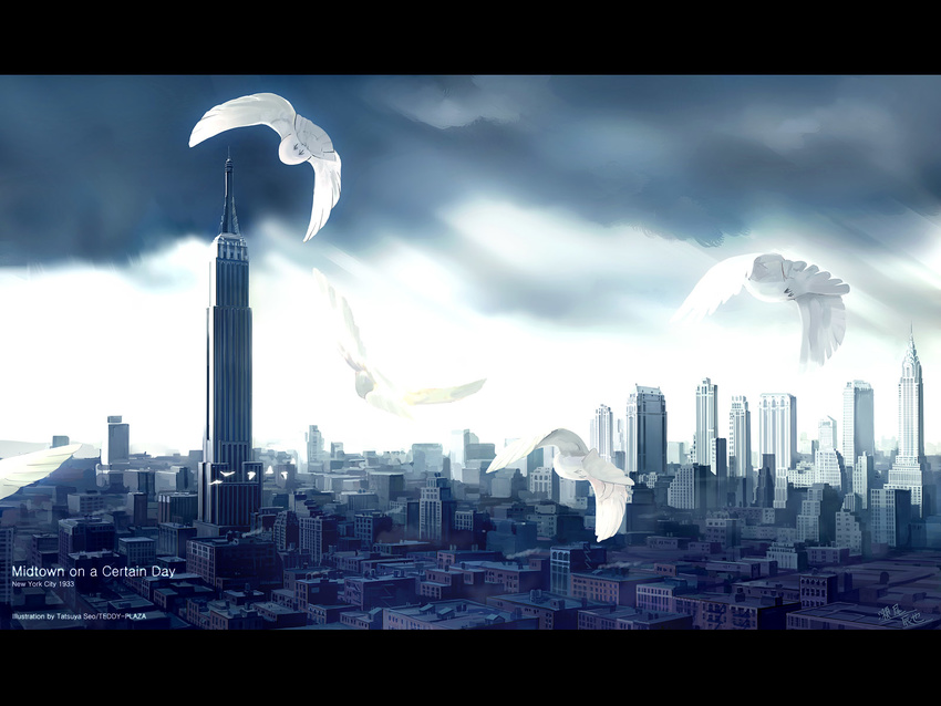 artist_name bird chrysler_building circle_name cityscape dove empire_state_building english highres landmark letterboxed new_york no_humans number original scenery seo_tatsuya sky