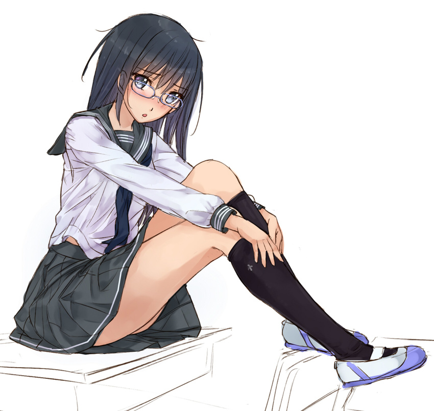 :o black_eyes black_hair blush glasses kazeno kneehighs long_hair original school_uniform serafuku shoes sitting skirt solo uwabaki