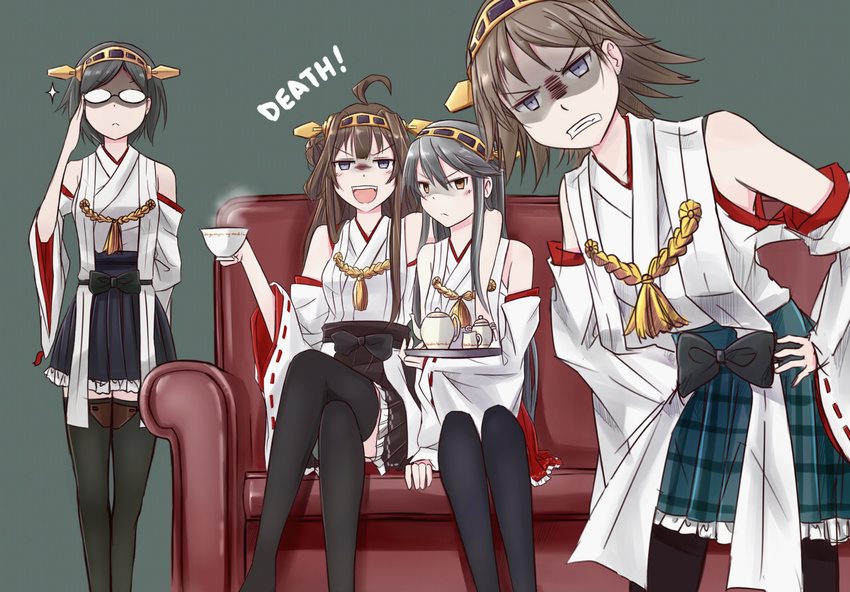 angry bare_shoulders boots brown_hair cup detached_sleeves hairband haruna_(kantai_collection) hiei_(kantai_collection) ido_(teketeke) japanese_clothes kantai_collection kirishima_(kantai_collection) kongou_(kantai_collection) long_hair looking_at_viewer multiple_girls no_legwear non-web_source nontraditional_miko open_mouth pantyhose short_hair skirt teacup teapot thigh_boots thighhighs