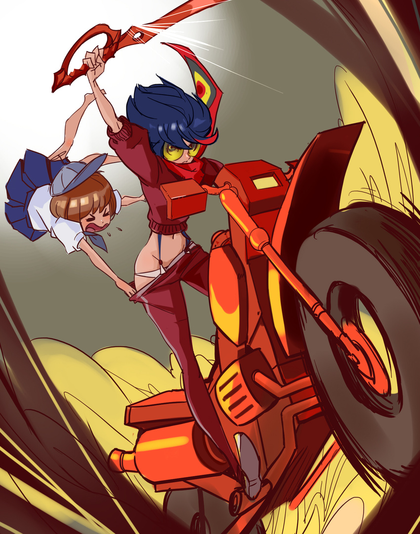 assisted_exposure ground_vehicle hat highres jacket kill_la_kill mankanshoku_mako matoi_ryuuko midriff motor_vehicle motorcycle multiple_girls panties pants pants_pull pulled_by_another scarf school_uniform scissor_blade senketsu senketsu_(scarf) serafuku short_hair skirt sunglasses supandaman suspenders track_jacket track_pants track_suit underwear