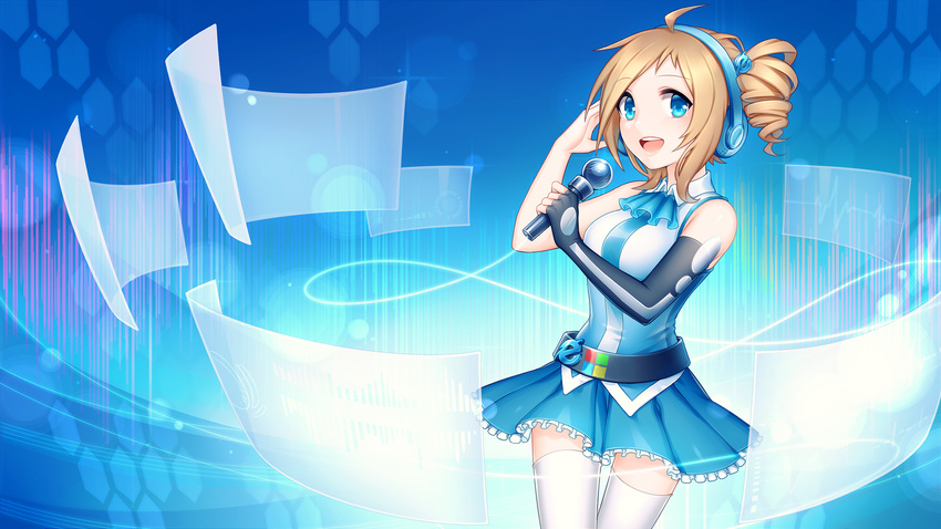 ahoge aizawa_inori aposekari bare_shoulders belt blue_eyes brown_hair commentary fingerless_gloves gloves hair_ornament headphones highres internet_explorer looking_at_viewer microphone music open_mouth os-tan personification pricey singing skirt solo thighhighs wallpaper zettai_ryouiki