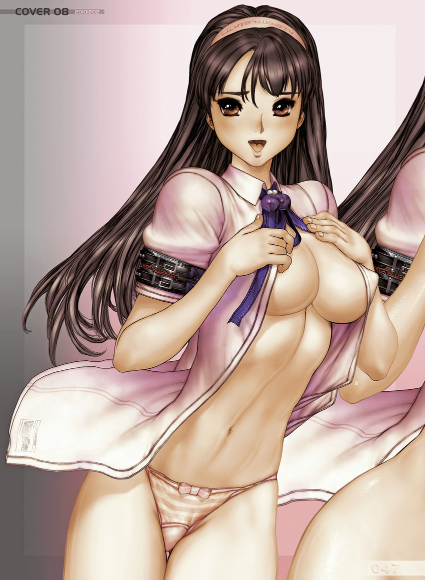black_hair clone greaseberries headband highres hime_cut lilynna_blueberry long_hair looking_at_viewer open_mouth panties shirou_masamune smile underwear