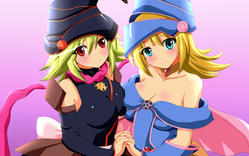 blonde_hair blue_eyes blush breast_press breasts cleavage dark_magician_girl duel_monster gagaga_girl gloves hat highres large_breasts long_hair looking_at_viewer multiple_girls red_eyes shuruken_(yuumo) smile yuu-gi-ou yuu-gi-ou_duel_monsters yuu-gi-ou_zexal