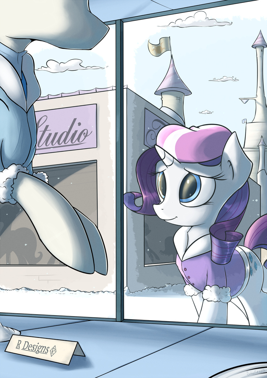 beret blue_eyes building canterlot clothing cloud cutie_mark english_text equine female flag friendship_is_magic fur hair hat horn horse jacket mammal my_little_pony outside pony purple_hair rarity_(mlp) sky snow snowing standing subjectnumber2394 text tower unicorn winter