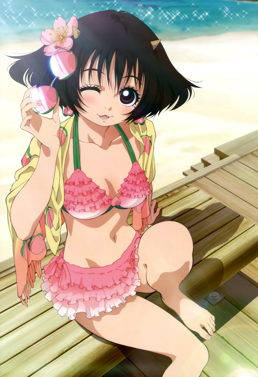 absurdres barefoot beach bikini blush breasts brown_eyes brown_hair cleavage feet flower hair_flower hair_ornament highres hoozuki_no_reitetsu legs medium_breasts non-web_source nyantype ocean official_art one_eye_closed outdoors peach_maki short_hair solo sunglasses swimsuit water