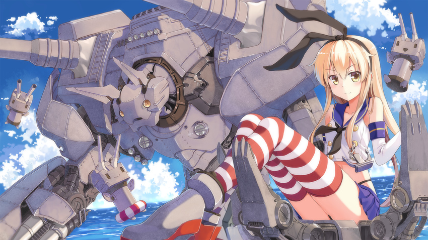 :3 anchor blonde_hair blush boots cloud day elbow_gloves gloves grey_footwear hairband highres kantai_collection long_hair looking_at_viewer mecha ocean rensouhou-chan shimakaze_(kantai_collection) sitting skirt smile striped striped_legwear terras thighhighs water white_gloves yellow_eyes