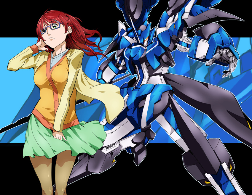 appare212 bad_id bad_pixiv_id braid genion glasses green_eyes jacket mecha pantyhose red_hair saijou_suzune skirt solo super_robot_wars super_robot_wars_z super_robot_wars_z3