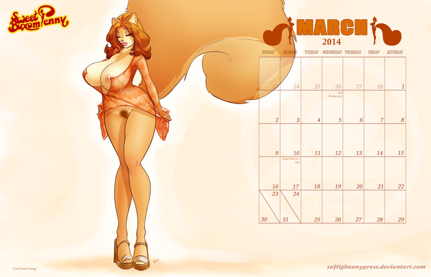 absurd_res anthro areola big_breasts big_tail breasts calendar clothing colored english_text female fluffy_tail freckles fur hair hi_res high_heels huge_breasts lips long_hair mammal march nipples nude orange_fur penny_flynn plain_background pussy red_hair rodent solo squirrel standing tan_fur text thighs translucent transparent_clothing wedge_heels wedges wide_hips zaftigbunnypress