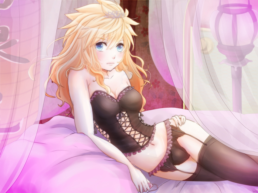 blonde_hair blue_eyes breasts cleavage cloud_strife commentary_request corset final_fantasy final_fantasy_vii garter_belt genderswap genderswap_(mtf) highres kotubu lingerie long_hair looking_at_viewer otoko_no_ko solo thighhighs tiara underwear