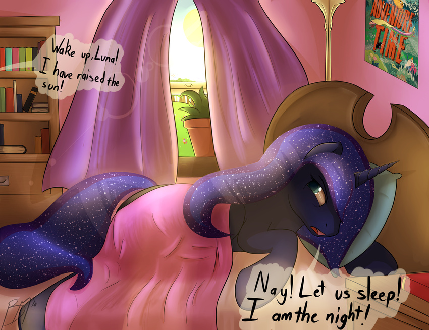 adventure_time bed bedroom big_muffintosh english_text equine female friendship_is_magic horn horse mammal morning my_little_pony pony princess_luna_(mlp) text winged_unicorn wings