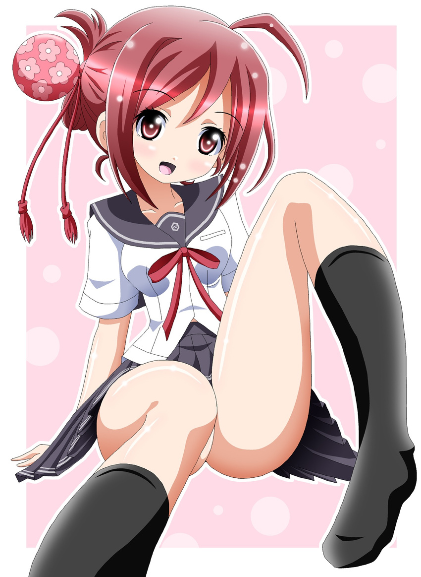 black_skirt highres imai_kazunari masaoka_azuki pink_background red_eyes red_hair school_uniform serafuku short_hair sitting skirt smile solo uta_kumi_575