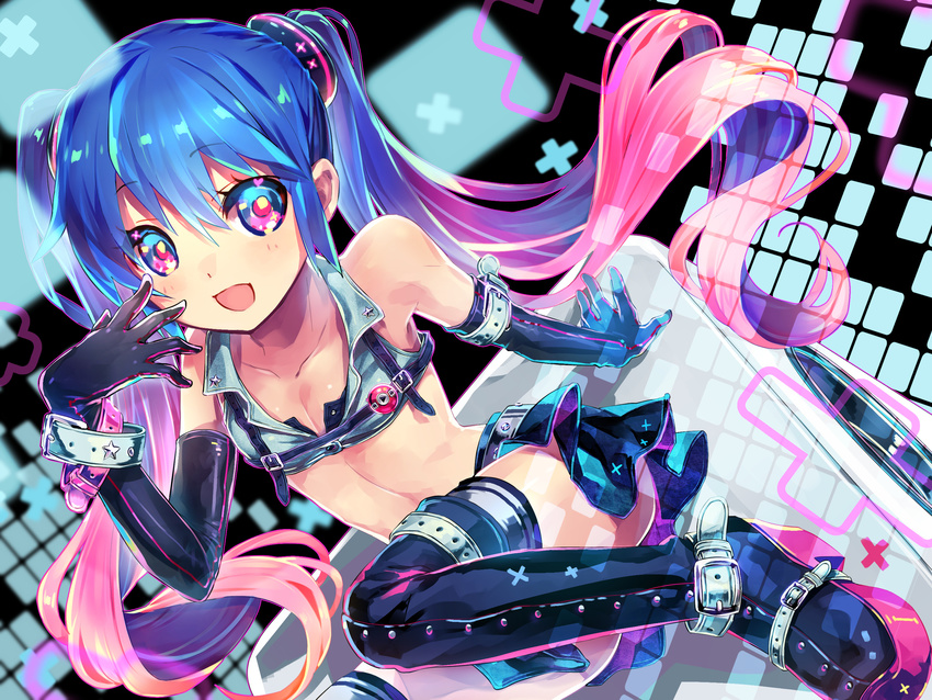 blue_eyes blue_hair boots elbow_gloves flat_chest gloves hatsune_miku highres itsuya_(daystar) long_hair open_mouth pink_hair skirt solo thigh_boots thighhighs twintails very_long_hair vocaloid