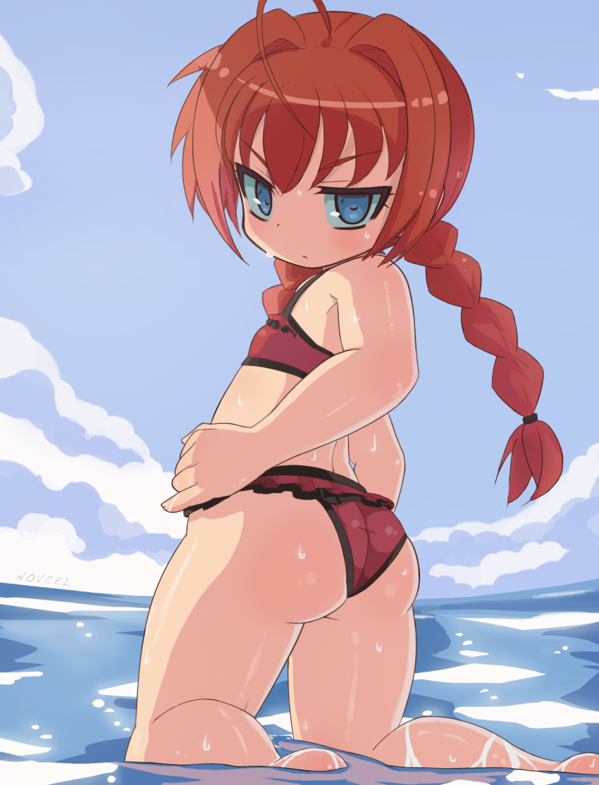 ahoge ass back bangs bare_arms bare_legs bare_shoulders barefoot beach blue_sky blush braid chibi closed_mouth cloud cloudy_sky commentary copyright_request day dot_nose dripping english_commentary flat_chest frilled_swimsuit frills from_behind hair_intakes half-closed_eyes highres horizon huge_ahoge kneepits long_hair looking_at_viewer looking_back lyrical_nanoha novcel ocean outdoors red_hair red_swimsuit sky solo swimsuit tankini tsurime twin_braids twisted_torso v-shaped_eyebrows vita wet wide_hips