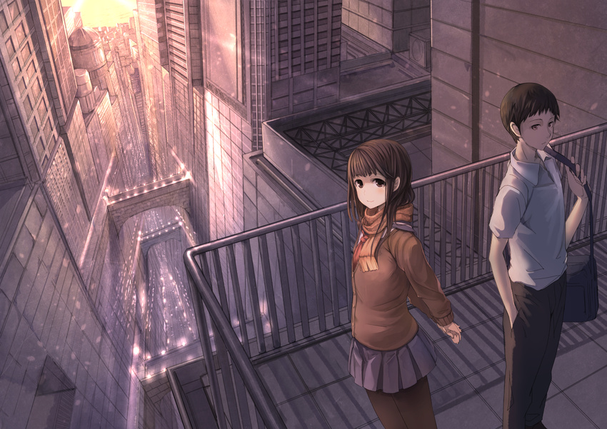 1girl arms_behind_back brown_eyes brown_hair city cityscape hand_in_pocket koruse original pantyhose scarf scenery school_uniform short_hair skirt smile