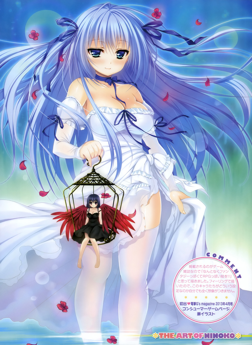 absurdres bare_shoulders barefoot black_dress black_hair blue_hair breasts cage choker cleavage dengeki_moeou detached_sleeves dress flower green_eyes hair_ribbon highres large_breasts long_hair minigirl multiple_girls ninoko petals ribbon ribbon_choker smile thighhighs two_side_up wading water white_dress white_legwear wings