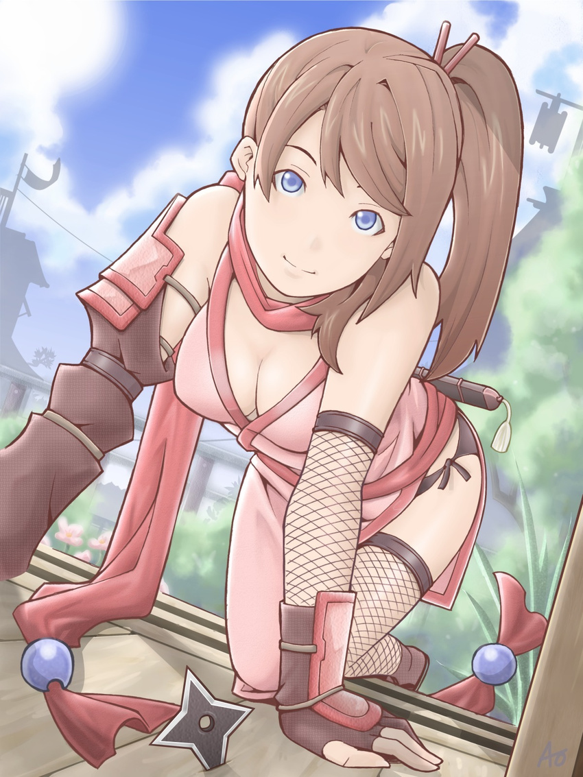 all_fours ao_(dtb01) blue_eyes breasts brown_hair cleavage ninja original smile