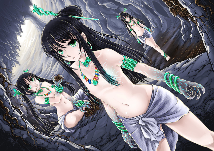 anklet antaria barefoot black_hair cave choker claws dated dutch_angle earrings eating flat_chest glowing_veins green_eyes hair_ornament hoop_earrings jewelry long_hair looking_at_viewer monster_girl multiple_girls navel necklace open_mouth roots shan_hai_jing signature sitting standing topless twintails
