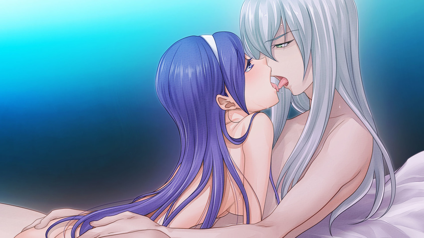 1girl aono_miki blue_eyes blue_hair blush breasts couple fresh_precure! green_eyes hairband hetero highres medium_breasts nude open_mouth petite precure say_(sakabin) silver_hair souler_(fresh_precure!) tongue tongue_out