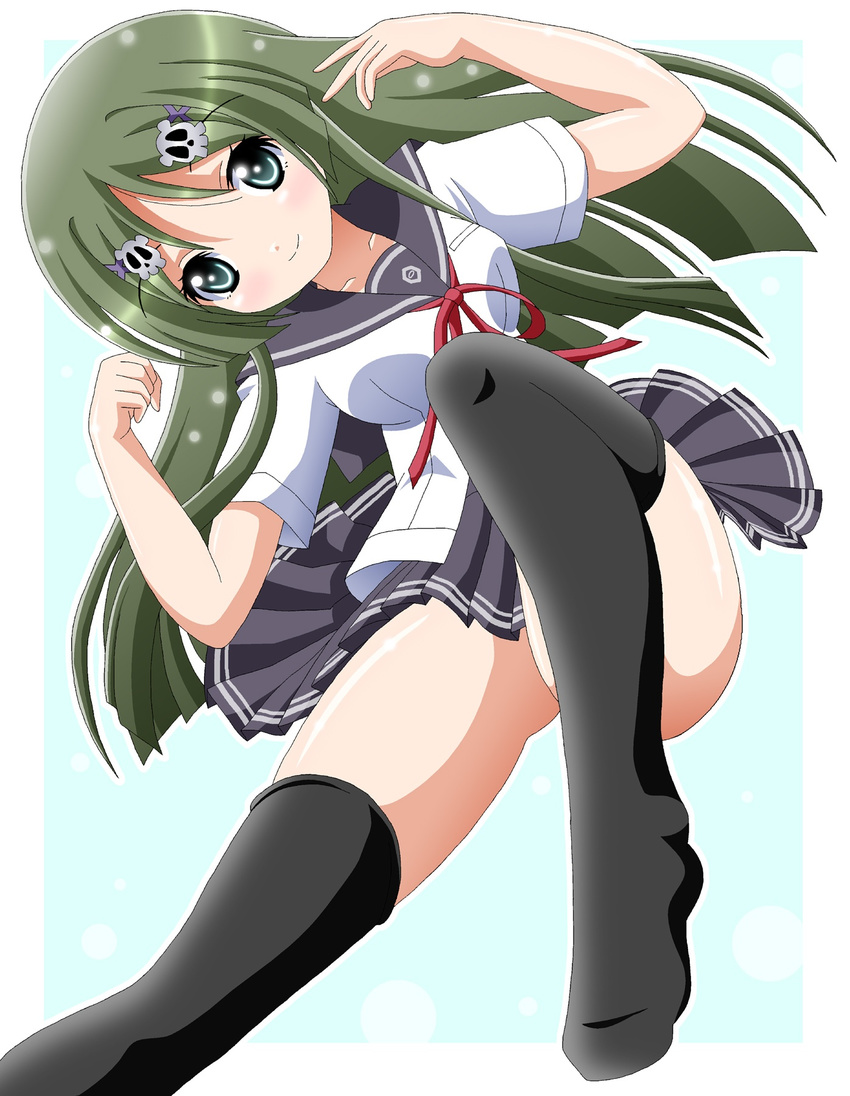 black_legwear black_skirt green_eyes green_hair hair_ornament hairclip highres imai_kazunari kobayashi_matcha long_hair school_uniform serafuku skirt smile solo thighhighs uta_kumi_575 white_background