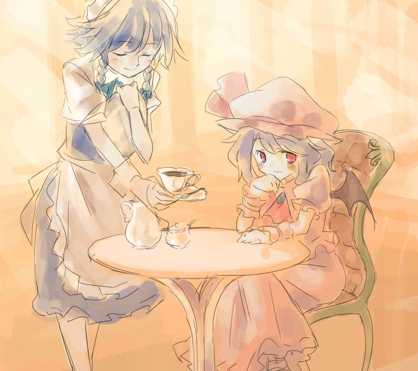 apron ascot azuki_(azuki-taste) bat_wings blue_hair blush bow brooch chair closed_eyes cup dress hair_bow hand_on_own_face hand_on_table hat hat_ribbon highres izayoi_sakuya jewelry looking_at_viewer maid_apron maid_headdress mob_cap multiple_girls puffy_sleeves red_eyes remilia_scarlet ribbon short_hair sitting smile spoon table tea teacup teapot touhou wings
