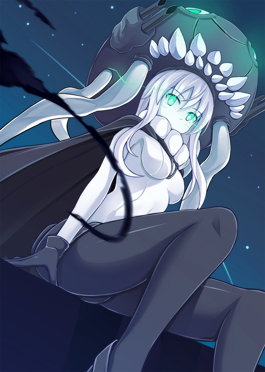 blue_eyes bodysuit breasts cape from_below gloves glowing glowing_eyes hat highres kantai_collection long_hair looking_down medium_breasts monster night okome_(minagisama) pale_skin shinkaisei-kan short_hair silver_hair sitting solo wo-class_aircraft_carrier