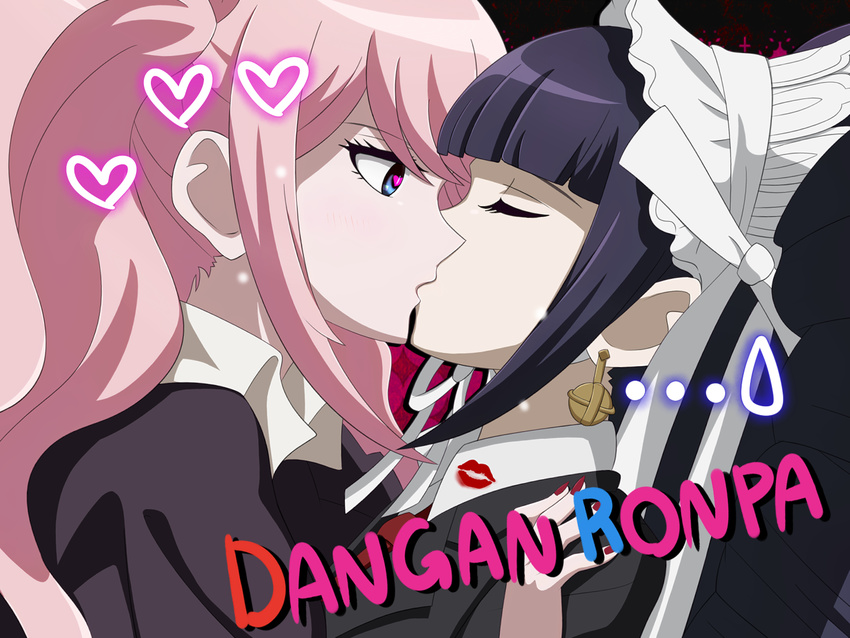 2girls black_hair blonde_hair blush bonnet celestia_ludenberck closed_eyes copyright_name danganronpa danganronpa_1 earrings ears enoshima_junko fingernails headdress heart highres jewelry kiss kumax5 lipstick_mark multiple_girls official_style profile sweatdrop yuri